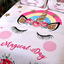 Load image into Gallery viewer, DEERHOME Cute Flower Unicorn Kids Bedding White Pink Golden Ears Unicorn 3 Pieces Bedding Duvet Cover Sets Gifts for Teens and Girls,Twin Size
