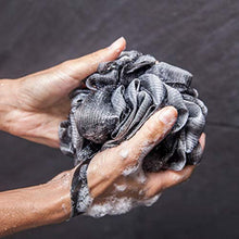 Load image into Gallery viewer, Toem Loofah Back Scrubber For Shower | Bamboo Charcoal Fiber Infused | Bath Sponge | Lufas For Men &amp; Women | Includes 1 Long Handled Shower Sponge, 1 Bath &amp; Shower Luffa Pouf &amp; 1 Hook To Hang Stuff
