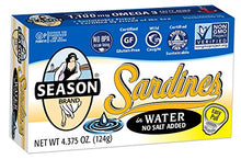 Load image into Gallery viewer, Season Sardines in Water, No Salt Added, 4.375-Ounce Tins (Pack of 12)
