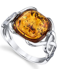 Load image into Gallery viewer, Sterling Silver Baltic Amber Irish Celtic Design Ring with Cognac Color Large Cushion Shape Stone 7

