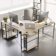 Load image into Gallery viewer, Bestier 95.5"L-shaped Desk with Storage Shelves,Adjustable 2 Person Desk L- shaped Corner Computer desk or Extra Long Desk with Shelves, Multi-Usage LargeTables Desk for Home Office Gaming Study (Oak)
