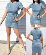 Load image into Gallery viewer, BTFBM Women's Summer Casual Beach Dresses Crew Neck Short Sleeve Ruched Stretchy Bodycon T Shirt Wrap Mini Dress (104Blue, Medium)
