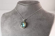 Load image into Gallery viewer, Sterling Silver 925 Oval Blue-Green Natural Labradorite Pendant Necklace 20 inches Chain - Elegant Gift Box
