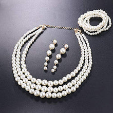 Load image into Gallery viewer, FINREZIO Women's Faux Three Multi-Strand Pearl Necklace Long Pearl Dangle Earrings and Bracelet Jewelry Set for Women
