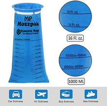 Load image into Gallery viewer, MP MOZZPAK Vomit Bags – 24 Pack – 1000ml Emesis Bags – Leak Resistant, Medical Grade, Portable, Disposable Barf Bags, Puke, Throw Up, Nausea Bags for Travel Motion Sickness, Car &amp; Aircraft, Kids, Taxi
