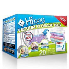 Load image into Gallery viewer, HIBAG Space Saver Bags, 20 Pack Vacuum Storage Bags (6 Medium, 5 Large, 5 Jumbo, 2 Small, 2 Roll Up Bags) with Hand Pump for Bedding, Comforter, Pillows, Towel, Blanket, Clothes
