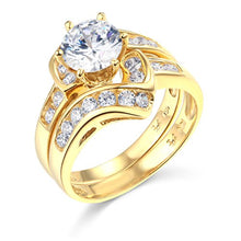 Load image into Gallery viewer, TWJC 14k Yellow Gold Solid Wedding Engagement Ring and Wedding Band 2 Piece Set - Size 8.5
