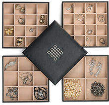 Load image into Gallery viewer, Glenor Co Earring Organizer Tray - 4 Stackable Trays with Lid -45 Slot Classic Jewelry Storage Display Case for Drawer or Dresser - Holder for Earring Ring Necklace or Cufflinks - Large Mirror - Black
