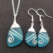 Load image into Gallery viewer, Handmade in Hawaii, Wire wrapped turquoise bay blue sea glass Necklace+Earrings Set,"December Birthstone", (Hawaii Gift Wrapped, Customizable Gift Message)
