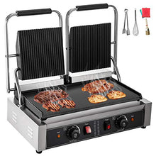 Load image into Gallery viewer, Happybuy 110V Commercial Sandwich Panini Press Grill 2X1800W Temperature Control 122°F-572°F Commercial Panini Grill Non Stick Surface for Hamburgers Steaks Bacons (Up Grooved and Down Flat Plates）
