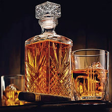Load image into Gallery viewer, Paksh Novelty 7-Piece Italian Crafted Glass Decanter &amp; Whisky Glasses Set, Elegant Whiskey Decanter with Ornate Stopper and 6 Exquisite Cocktail Glasses
