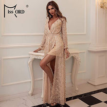 Load image into Gallery viewer, Miss ord Women Deep V Neck Long Sleeve Split Sequined Maxi Party Cocktail Dress (Medium, Gold)
