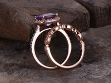Load image into Gallery viewer, 2pcs Amethyst wedding ring set!8mm Cushion Engagement ring,petite rose gold plated,925 sterling silver stacking CZ Bridal ring,matching band,Women Halo ring,Man Made diamond CZ ring,any size
