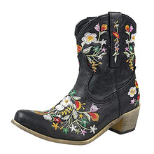 Load image into Gallery viewer, Fullwei Cowboy Booties for Women,Women Embroidery Cowgirl Wide Combat Ethnic Ankle Boot Ladies Casual Pull-Up Western Low Heels Short Motorcycle Riding Walking Shoe (Black, 9)
