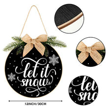 Load image into Gallery viewer, Christmas Wreath Hanging Sign Buffalo Plaid Wooden Door Hanger for Front Door Rustic Burlap Wooden Holiday Decor for Christmas Home Window Wall Farmhouse Decoration (Black Base with Let it Snow)
