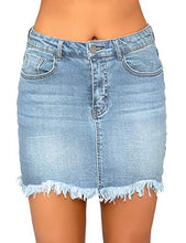 Load image into Gallery viewer, luvamia Women's Casual Mid Waisted Washed Raw Hem Pockets Denim Jean Short Skirt Blue Size Small
