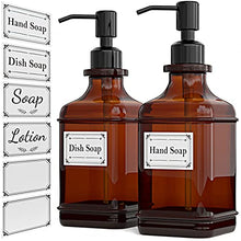 Load image into Gallery viewer, GLADPURE Soap Dispenser 2 Pack, Hand Soap Dispensers with 18 Oz Antique Design Thick Amber Glass Bottle, 316 Rust Proof Stainless Steel Black Pump, 6Pcs Stickers, for Lotion, Soap, Essential Oil
