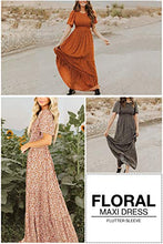 Load image into Gallery viewer, Kranda Round Neck Flutter Short Sleeve Smocked Ruffle Floral Maxi Dress Camel XS

