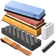 Load image into Gallery viewer, Complete Knife Sharpening Stone Set – Dual Grit Whetstone 400/1000 3000/8000 Premium Whetstone Knife Sharpener with Leather Strop, Flattening Stone, Bamboo Base, 3 Non-slip Rubber Bases &amp; Angle Guide
