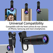 Load image into Gallery viewer, DELLURGO Phone Camera Lens 20x Telephoto Lens 205° Fisheye Lens 15x Macro Lens 0.63x Wide Angle Lens with Tripod Travel Case Cell Phone Lens Kit for iPhone XR/Xs/Max/8/7/6 Plus/Samsung/Google Pixel
