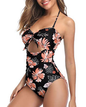 Load image into Gallery viewer, Tempt Me Women Floral Sexy Cutout One Piece Swimsuits Tummy Control High Waisted Halter Front Tie Knot Bathing Suit S
