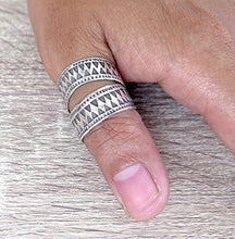 Load image into Gallery viewer, Sterling Silver Ethnic Boho Wide Band Ring, Handmade Tribal Gypsy Adjustable wrap around ring With Geometric Engraving, fit as Thumb Ring, Gift for Her
