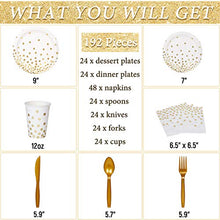 Load image into Gallery viewer, Decorlife Party Plates, White and Gold Party Supplies Set, Total 192PCS, 12oz Cups for Adults, 48PCS Party Napkins, Plates, Gold Cutlery Included – Serves 24
