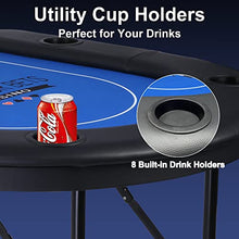 Load image into Gallery viewer, Vilobos Poker Table Foldable 6-8 Players Folding Poker Table Fully Assembled Casino-Style Texas Hold'em Poker Table with Faux Leather Padded Rails and Cup Holders, Blue
