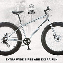 Load image into Gallery viewer, Mongoose Malus Adult Fat Tire Mountain Bike, 26-Inch Wheels, 7-Speed, Steel Frame, Mechanical Disc Brakes, Silver with Black Rims
