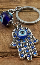 Load image into Gallery viewer, Evil Eye Silver Hamsa Keychain Hand Fatima Protection Charm Key holder Good Luck Keychain - Amulet
