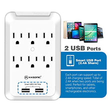 Load image into Gallery viewer, Kasonic Outlet Extender, 6-Outlet Wall Mount Surge Protector, 900 Joules Plug Power Strip with 2 USB 2.4A, Protection Indicator LED Light, Space Saving Design, ETL Certified(2 Pack)
