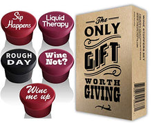 Load image into Gallery viewer, 5 Wine Stoppers + Gift Box - Perfect Wine Gift Accessory, Set of 5 Funny Silicone Wine Reusable Caps Stoppers for Wine and Beer Bottles – Vinaka Wine Stoppers
