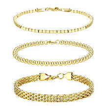 Load image into Gallery viewer, CASSIECA 3PCS Stainless Steel Chain Bracelets Set for Women Mens 7in/18cm Cuban Cube Bead Chain Bracelet Beaded Link Chain Bracelet Cable Bracelets Jewelry Gifts, Gold Tone

