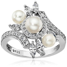 Load image into Gallery viewer, Platinum-Plated Sterling Silver Cubic Zirconia Bypass Freshwater Cultured Pearl Ring, Size 9
