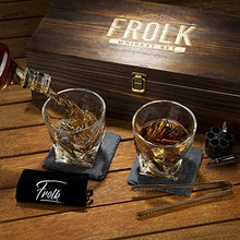 Load image into Gallery viewer, Whiskey Bullet Stones Premium Gift Set By Frolk, Set Of 6 Extra Large Stainless Steel Whiskey Stones, 2 Large Twisted Whiskey Glasses (11 oz), Freezer Base, Velvet Pouch &amp; Tongs In Novelty Wooden Box
