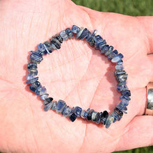 Load image into Gallery viewer, Zenergy Gems Charged 7" Blue Kyanite Crystal Chip Stretchy Bracelet Tumble Polished + Selenite Heart Charging Crystal Align Chakras/Conquer Fear/Increase Communication
