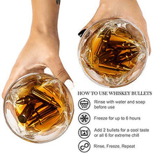 Load image into Gallery viewer, Whiskey Bullet Stones Premium Gift Set By Frolk, Set Of 6 Extra Large Stainless Steel Whiskey Stones, 2 Large Twisted Whiskey Glasses (11 oz), Freezer Base, Velvet Pouch &amp; Tongs In Novelty Wooden Box
