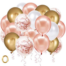 Load image into Gallery viewer, Rose Gold Confetti Latex Balloons, 60 Pack White Gold Balloon 12 inch Birthday Balloons with Gold Ribbon for Party Wedding Bridal Shower Decorations
