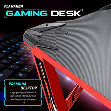 Load image into Gallery viewer, Flamaker Gaming Desk Gaming Table Computer Desk Gamer Table Z Shape Game Station with Large Carbon Fiber Surface, Cup Holder &amp; Headphone (Red)
