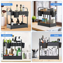 Load image into Gallery viewer, Under Sink Organizer, 2 Tier Under Sink Storage with Cleaning Brush 6 Hooks and 2 Hanging Cups, Waterproof Bathroom Organizer Under Sink for Kitchen,Bedroom,Cabinet,Cosmetics,Narrow Space
