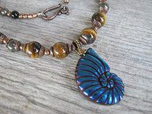 Load image into Gallery viewer, 22" Carved Pyrite Ammonite Pendant Necklace, Tiger Eye Womens Mens Jewelry, Titanium Blue, Antiqued Copper
