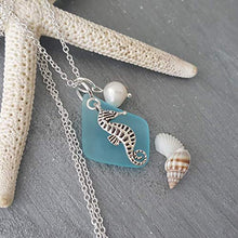 Load image into Gallery viewer, Handmade in Hawaii, turquoise bay blue sea glass necklace,"December Birthstone", freshwater pearl, seahorse charm, (Hawaii Gift Wrapped, Customizable Gift Message)
