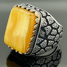 Load image into Gallery viewer, Men Silver Ring, Amber Stone Ring, Honey Amber Gemstone, Embroidered Ottoman Jewelry, 925 Sterling Silver Ring, Gifts for Him
