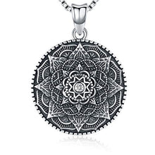 Load image into Gallery viewer, Friggem Sterling Silver Mandala Necklace,Flower of Life Pendant Necklace for Teen Girls Gift for Women,3D Blooming Black Mandala Pendant Chain 18",Vintage Viking Necklace Jewelry with Fine Gift Box
