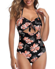 Load image into Gallery viewer, Tempt Me Women Floral Sexy Cutout One Piece Swimsuits Tummy Control High Waisted Halter Front Tie Knot Bathing Suit S
