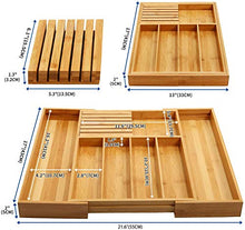Load image into Gallery viewer, Bamboo Silverware Drawer Organizer Kitchen, Expandable Utensil Holder and Cutlery Tray with Divider | 13"-21.6" Flatware Storage and Removable Knife Block
