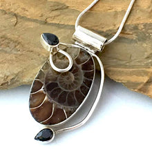 Load image into Gallery viewer, Authentic Well-Preserved AMMONITE Fossil and Black Onyx Gemstones, 925 Sterling Silver, Designer Pendant (1.5" Long) Jewelry with FREE Silver Chain.
