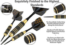 Load image into Gallery viewer, CC-Exquisite Professional Steel Tip Darts Set - 6 x 22g Brass Barrels with 12 Flights Standard/Slim, 12 Aluminum Shafts 35/48mm, 12 O-Rings, Dart Tool, Dart Sharpener and Case (Black &amp; Gold)
