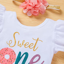 Load image into Gallery viewer, Baby Girl 1st Birthday Cake Smash Outfits Donuts Romper+Tutu Skirt+Headband+Leg Warmers Clothes 4Pcs Set（Colorful 1, 9-12 Months）
