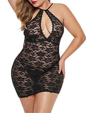 Load image into Gallery viewer, XAKALAKA Women's Halter Plus Size Lace Lingerie Keyhole Mesh Stretch Babydoll Chemise with Garters Black XL
